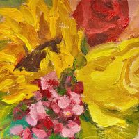 Sunflower w/ Yellow  & Red Rose
Sarah Webber 
6" x 6"
oil on canvas
$95