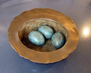 Nest with Eggs by Barbara Duzan, 2.5" x 8" x 8", bronze