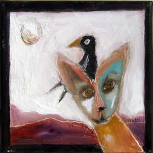Coyote and the Crow by Laurelea Kim, 8" x 8", oil and cold wax on canvas