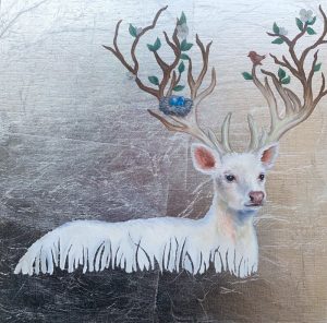 Silver Shelter by Andrea Peterson, 8" x 8", oil and silver leaf on panel