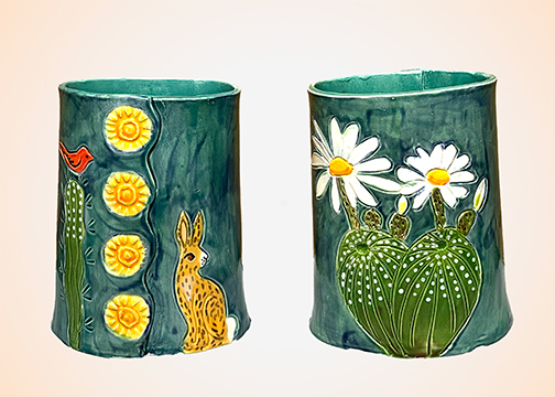 Teal Cactus Oval Vase by