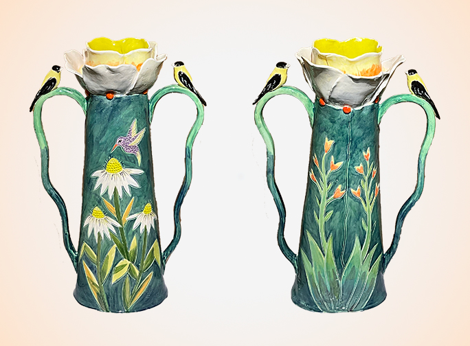 Tall Gold Finch Poppy Vase with Handles by
