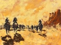 Dust and Roar Beneath the Crimson Fold
Jeremy Serna
44" x 64"
acrylic on canvas
$6500